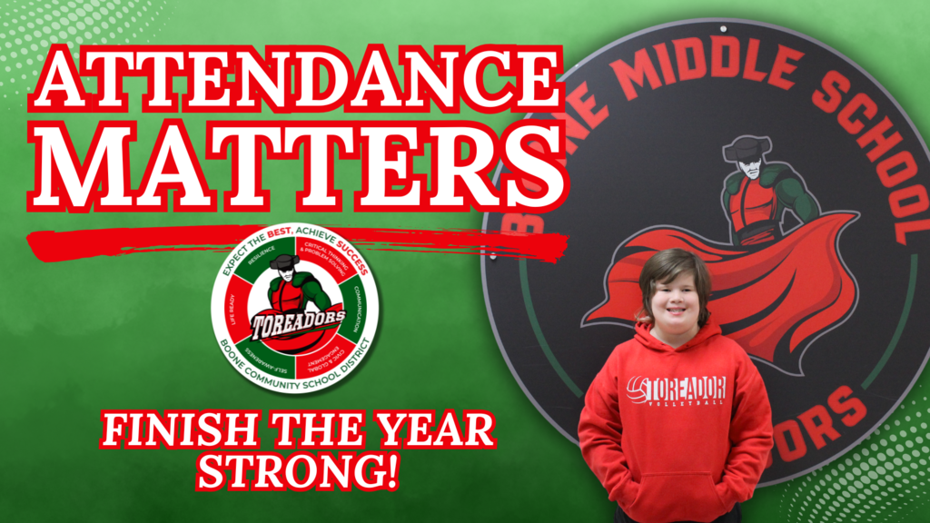 Graphic shows that attendance matters and encourages students and families to finish the year strong!