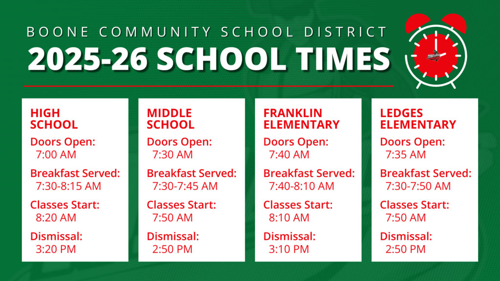 Boone community school district: 2025-26 school times