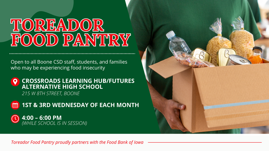 toreador food pantry: open to all boone csd staff, students, and families who may be experiencing food insecurity.