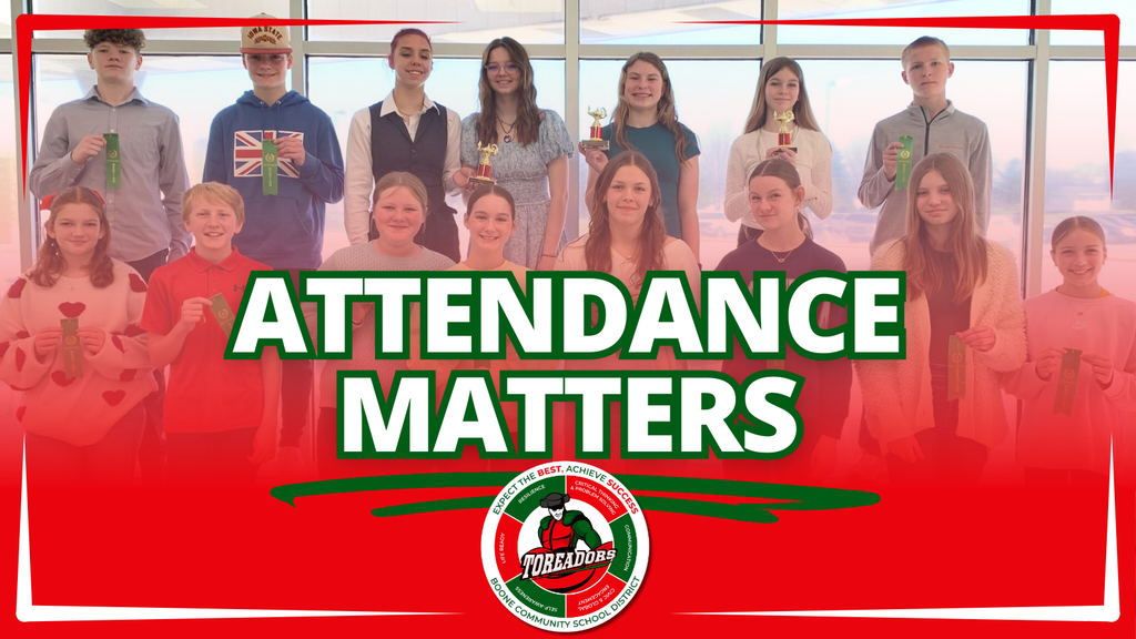 Group of students holding awards with large text reading “Attendance Matters” and the Boone Community School District Toreadors logo at the bottom.