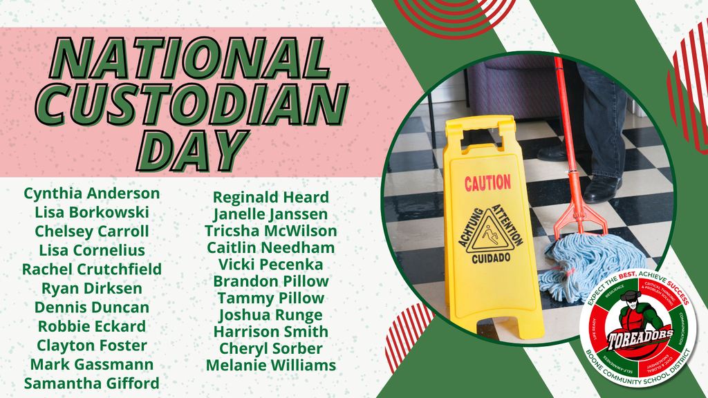 Graphic for National Custodian Day with a mop and caution sign, listing names of Boone Community School District custodians, and the Toreadors logo.