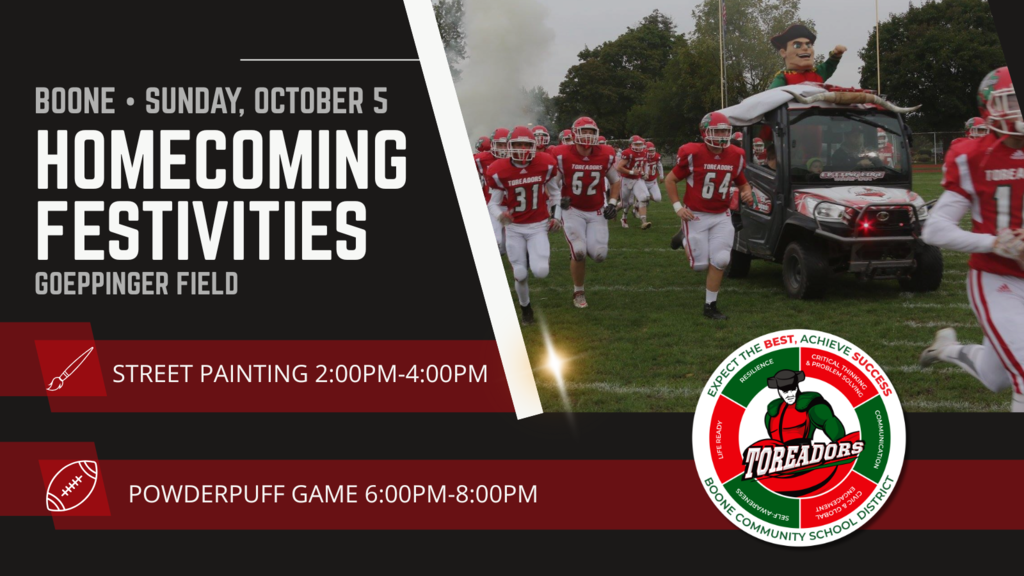 Homecoming fun starts this Sunday! Student Council invites everyone to Street Painting from 2:00 to 4:00pm on 6th Street, located on the north side of Goeppinger Field. 🎨  Later in the evening, cheer on your classmates at the High School Powderpuff Football Game, from 6:00 to 8:00pm at Goeppinger Field. 🏈