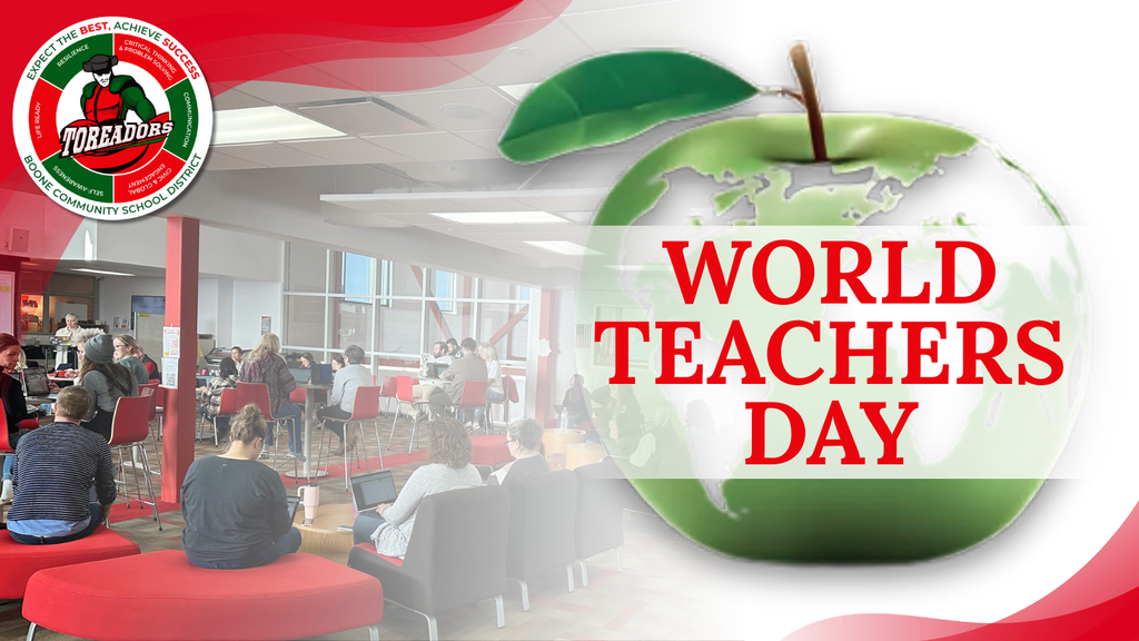 Graphic with Boone Community School District logo in the top left and the words 'World Teachers Day' in bold red text over a green apple shaped like a globe. Background shows a group of teachers seated in a modern school commons area.