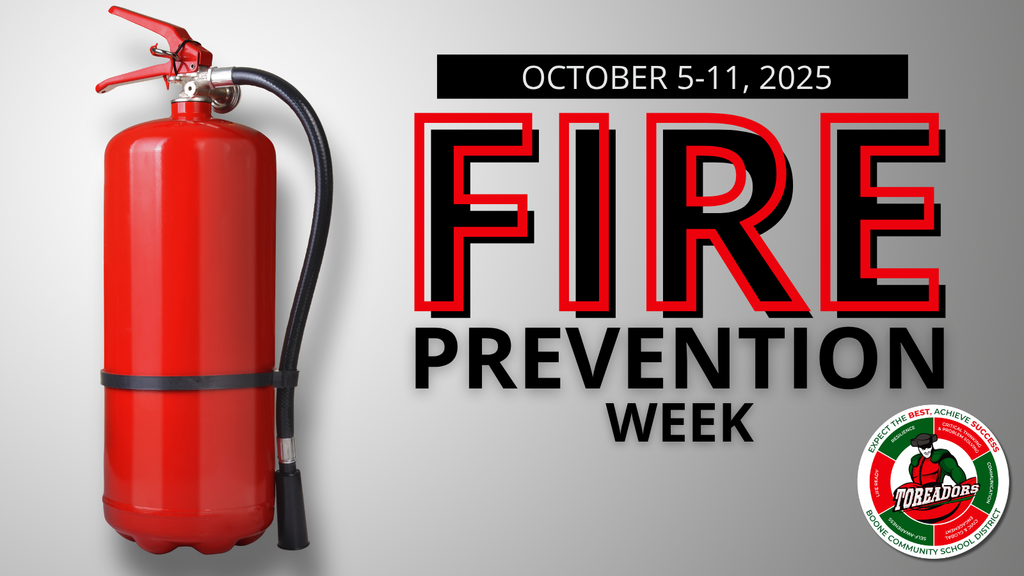 Fire Prevention Week graphic with a large red fire extinguisher on the left and bold text reading “October 5–11, 2025, Fire Prevention Week,” with the Boone Toreadors logo in the corner.