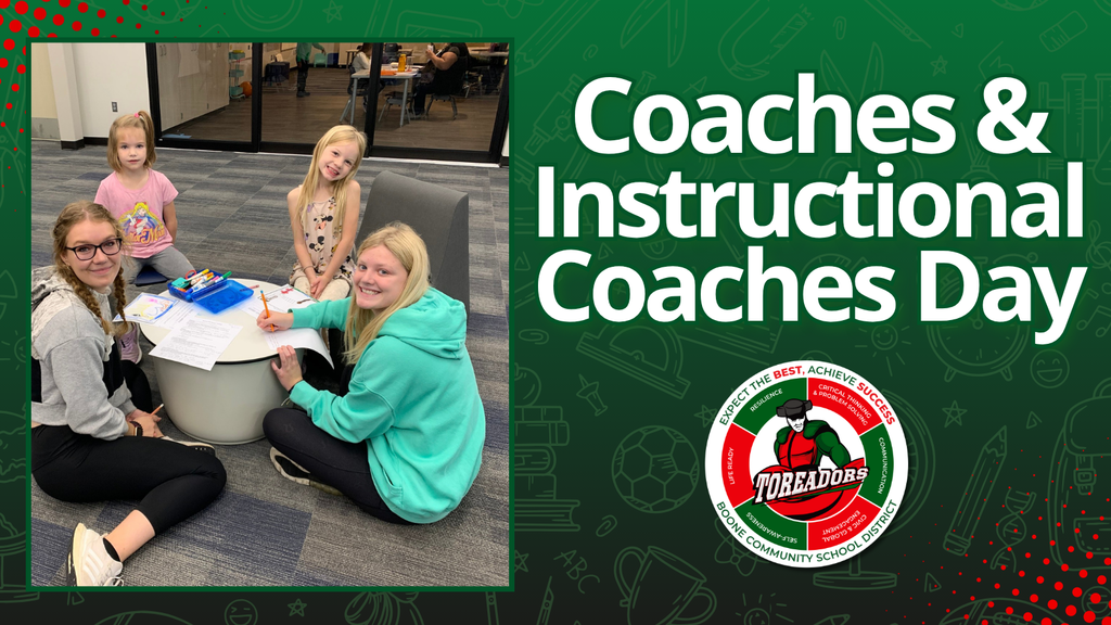 Coaches & Instructional Coaches Day graphic with a photo of two older students helping two young children with schoolwork, alongside the Boone Toreadors logo.