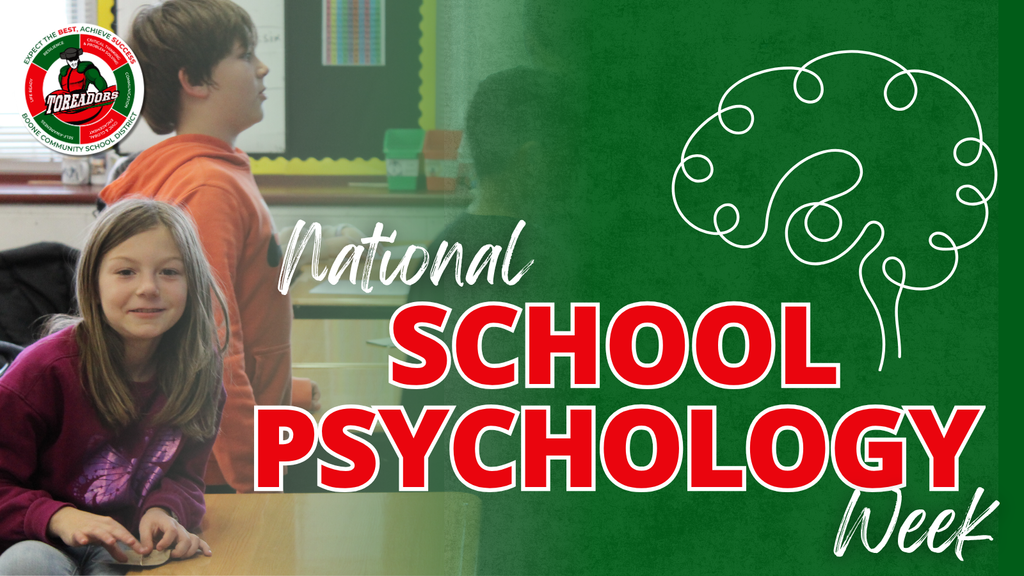 Graphic recognizing National School Psychology Week. The design features a green background with a white outline of a brain on the right and the Boone Community School District logo on the left. In the foreground, two students sit in a classroom, one smiling toward the camera. Large red and white text reads “National School Psychology Week.”