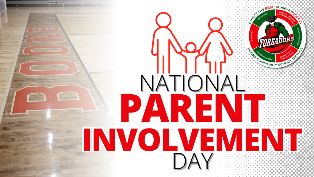 Graphic for Boone Community School District celebrating National Parent Involvement Day. The left side shows a gym floor with the word “BOONE” painted in large red letters. On the right, red line-art figures of two adults holding hands with a child appear above the text “National Parent Involvement Day” in bold black and red lettering. The Boone Toreadors logo is in the top right corner over a dotted gray background.