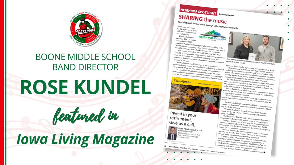 Boone Middle School band director Rose Kundel Featured in Iowa Living Magazine