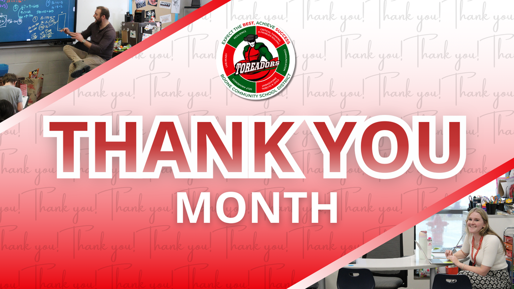 Boone Community School District graphic for Thank You Month, featuring teachers in classroom settings and large red text reading “Thank You Month.”