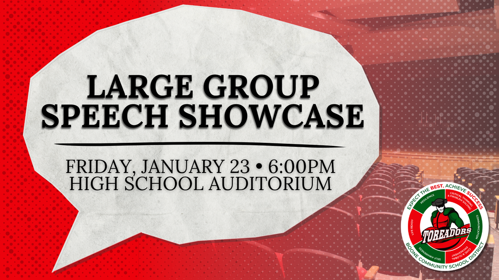 Announcement for a Large Group Speech Showcase on Friday, January 23 at 6:00 PM in the high school auditorium.