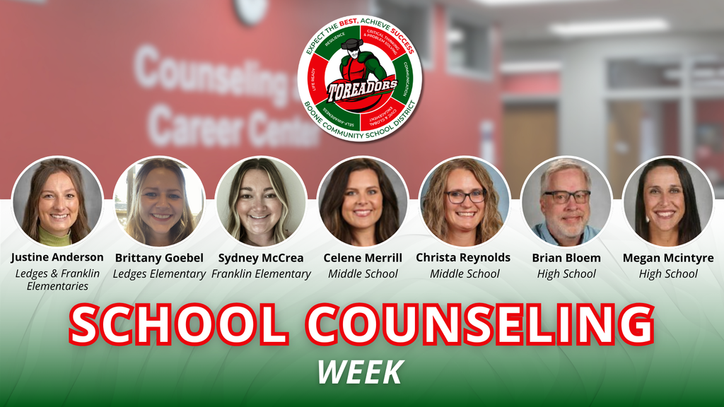 Portraits of seven school counselors from elementary to high school with their names and schools under the Boone logo and 'School Counseling Week' text.