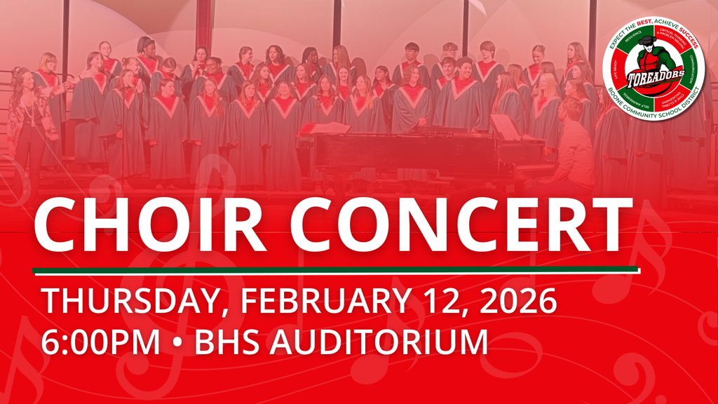 High school choir in robes performing on stage for a concert announcement at BHS Auditorium on February 12, 2026.