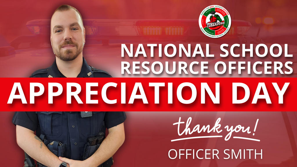 Police officer standing with hands clasped, red background with text honoring National School Resource Officers Appreciation Day.