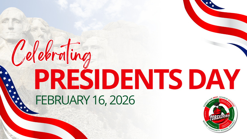Mount Rushmore in the background with red, white, and blue ribbons and text celebrating Presidents Day on February 16, 2026.