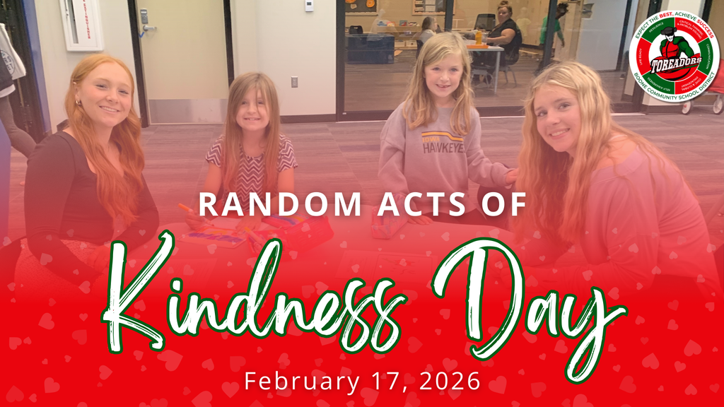 Indoor scene of four students in conversation, with a graphic promoting Random Acts of Kindness Day on February 17, 2026.