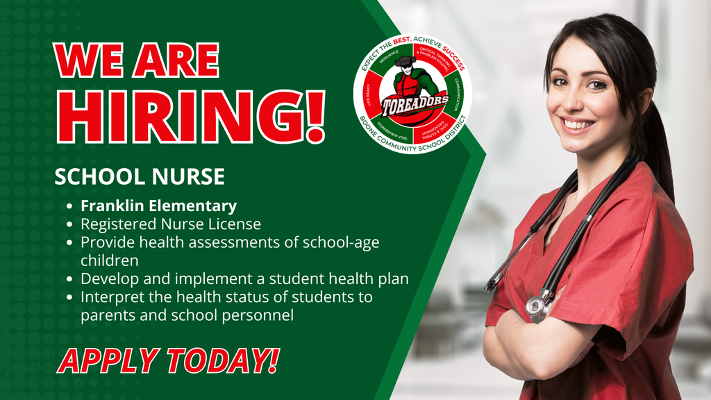 We are hiring! School nurse at Franklin Elementary. Apply today!