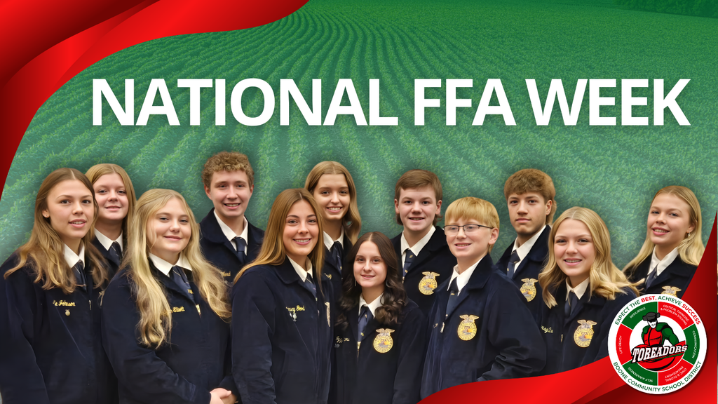 Group of young FFA members in official jackets standing in front of a green field backdrop with National FFA Week text.
