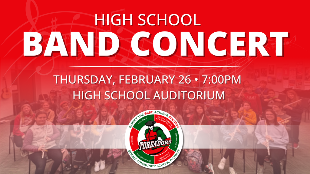 High school band performing in auditorium with red background announcing concert on February 26 at 7 PM.