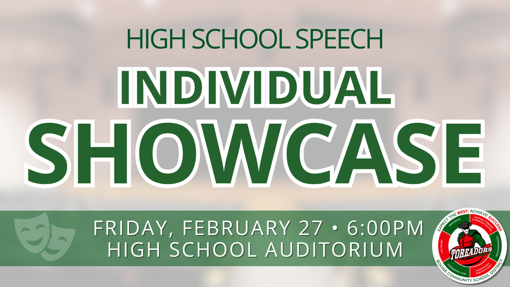 Announcement for a high school individual speech showcase happening February 27 at 6 PM in the auditorium.