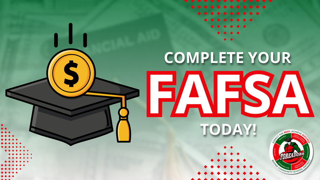 Educational aid reminder with a graduation hat and coin graphic, highlighting FAFSA application urgency.