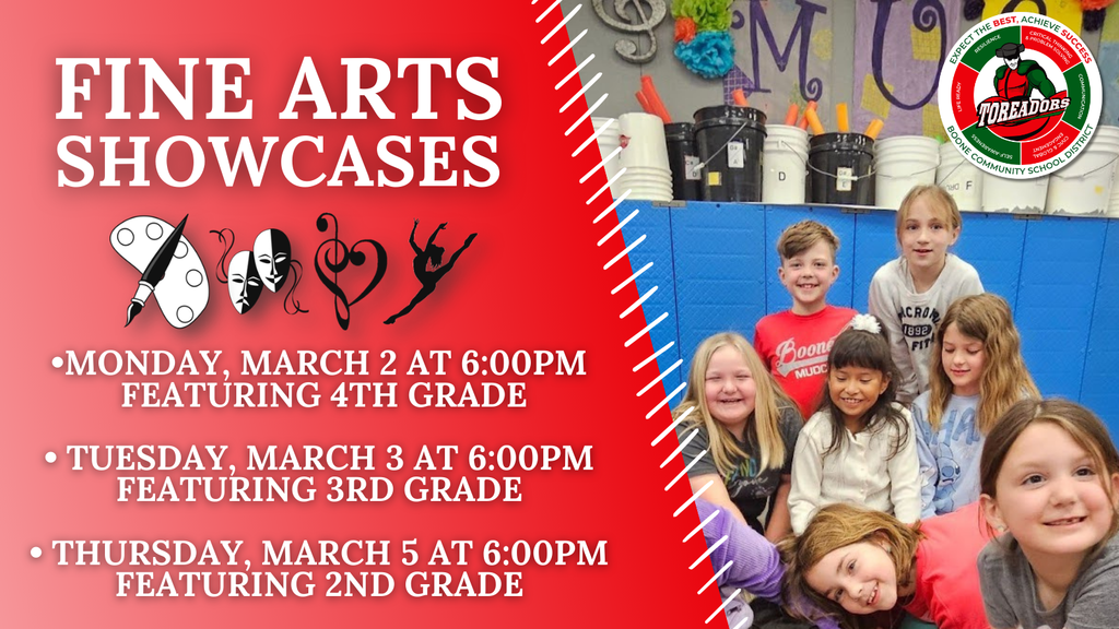 Schedule for Fine Arts Showcases highlighting performances by 4th, 3rd, and 2nd grade students on March 2, 3, and 5 at 6 PM.