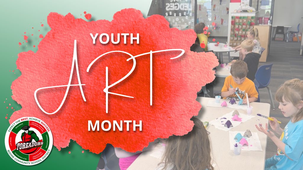 Children engaged in creative art projects at a classroom table during Youth Art Month celebration.