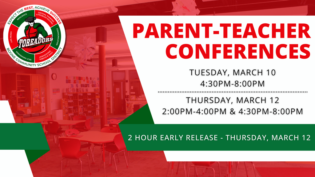 School library with red chairs and tables promoting parent-teacher conferences on March 10 and 12 with early release on March 12.