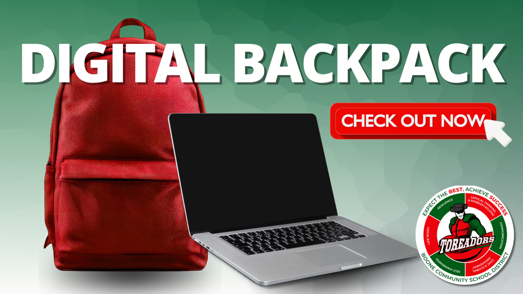 Red backpack and open laptop displayed against a green background with 'Digital Backpack' text and a red 'Check Out Now' button.