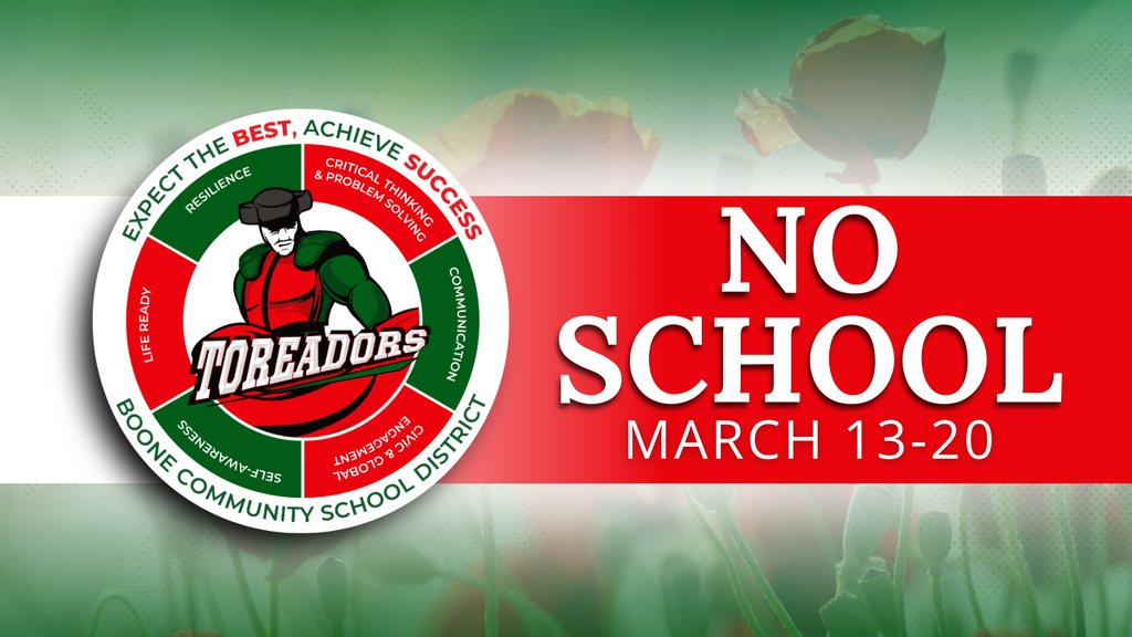 Boone Community School District logo with a red banner announcing no school from March 13 to 20.