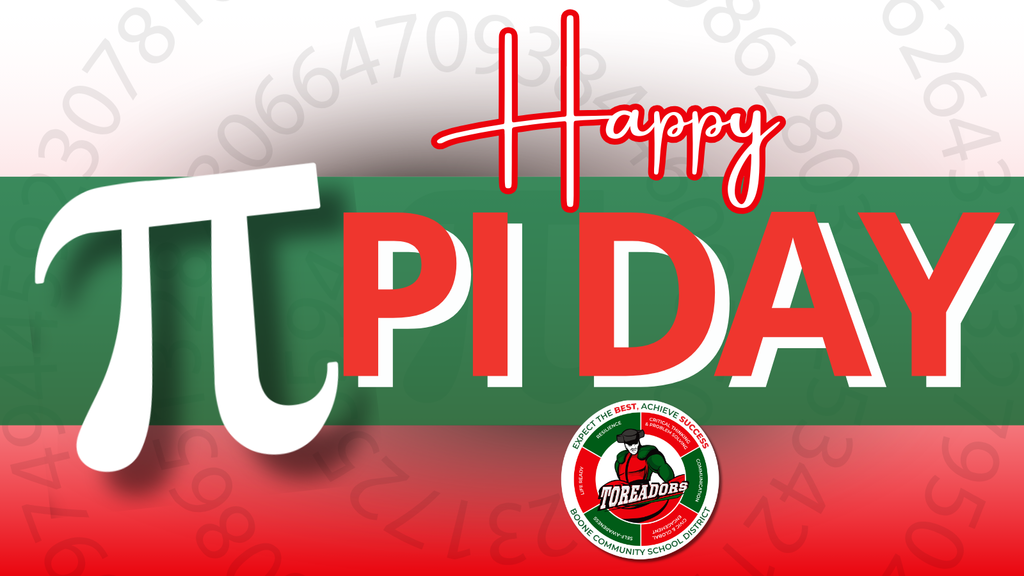 Colorful Pi Day design with a prominent pi symbol, red 'PI DAY' letters, and a circular logo at the bottom.