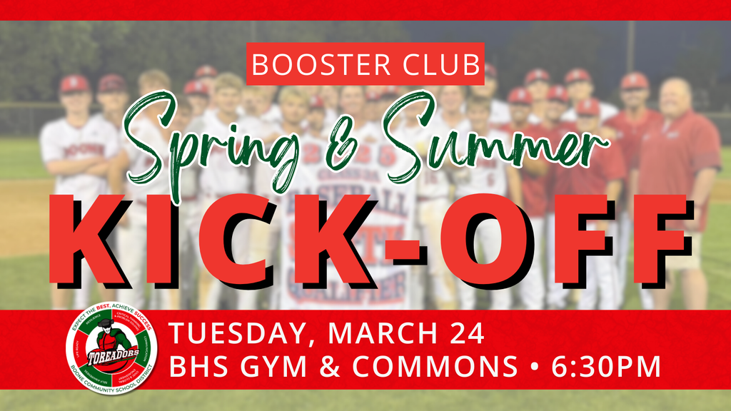 Group of baseball players and coaches posing on a field promoting Booster Club Spring & Summer Kick-Off event on March 24 at BHS Gym & Commons.