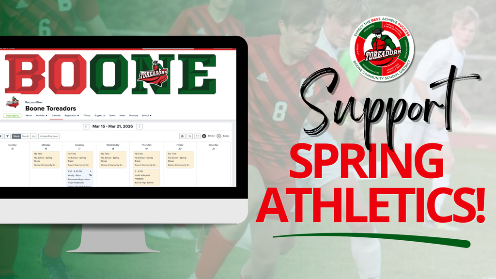 Computer screen showing Boone Toreadores sports schedule with text encouraging support for spring athletics.