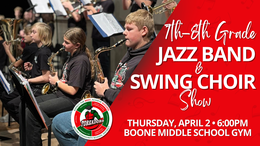 Middle school students playing saxophones in a jazz band performance at Boone Middle School gym.