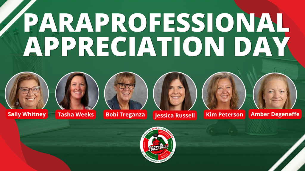 Paraprofessional Appreciation Day banner featuring six paraprofessionals' portraits and names with a school logo.