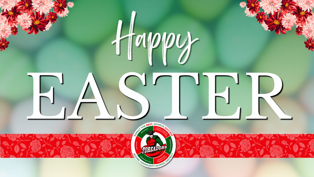 Green background with floral corners and bold text saying Happy Easter above a red banner featuring the school logo.