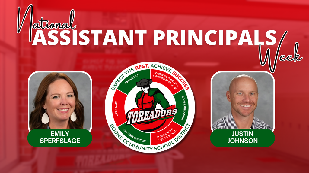 National Assistant Principals Week design featuring photos of Emily Sperfslage and Justin Johnson with the Boone Community School District Toreadors emblem.