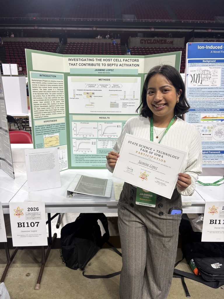 Student presenting a science fair project on host cell factors in septin activation, holding a participation certificate at a state science fair.