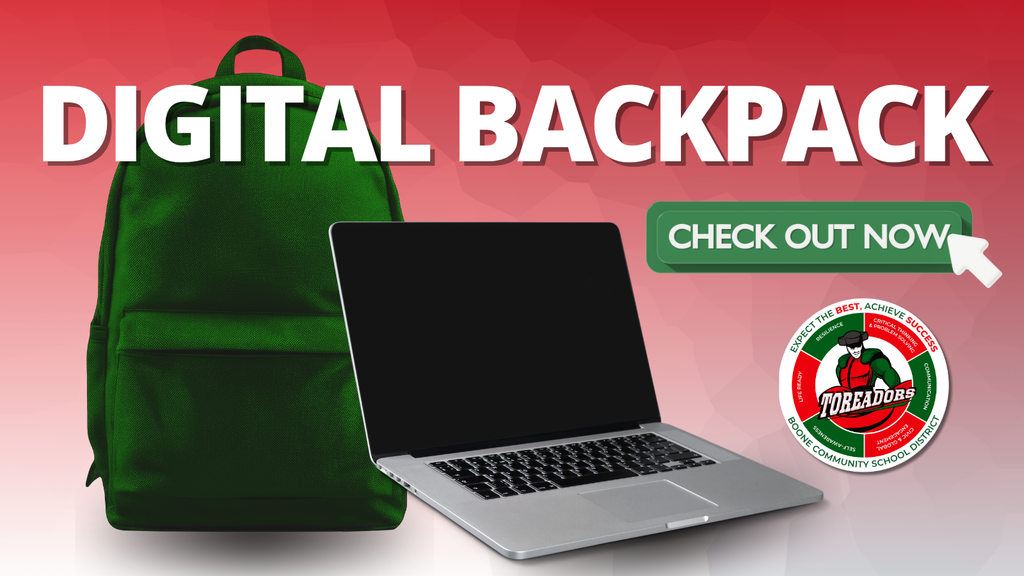 Green backpack and open laptop displayed against a red gradient background with 'Digital Backpack' text and a 'Check Out Now' button.