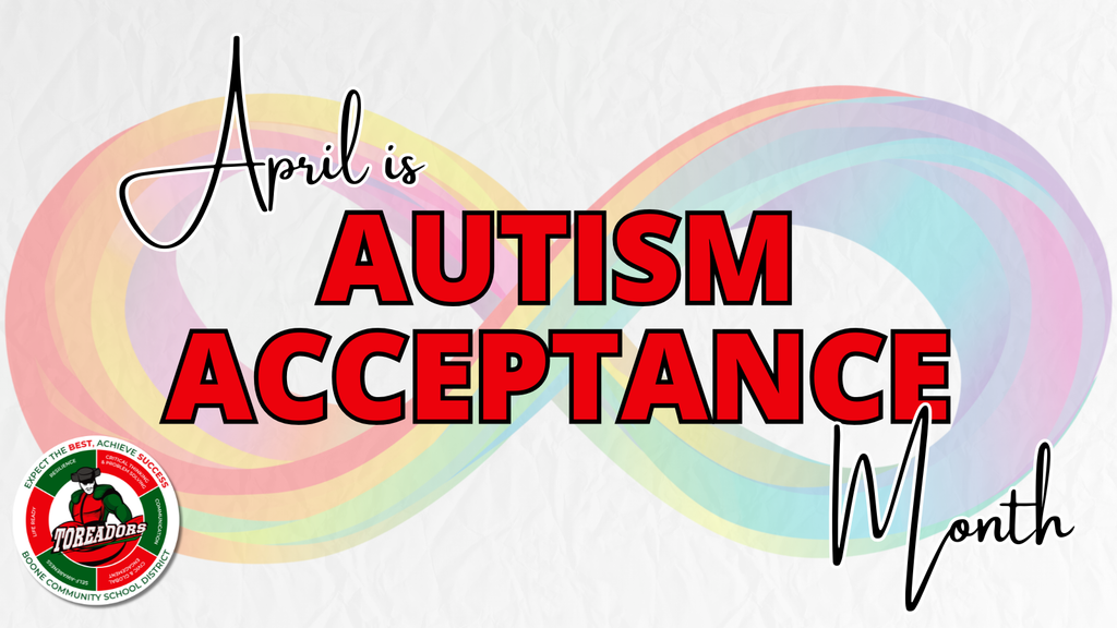 Colorful infinity symbol with bold red text highlighting Autism Acceptance Month in April against a textured white background.