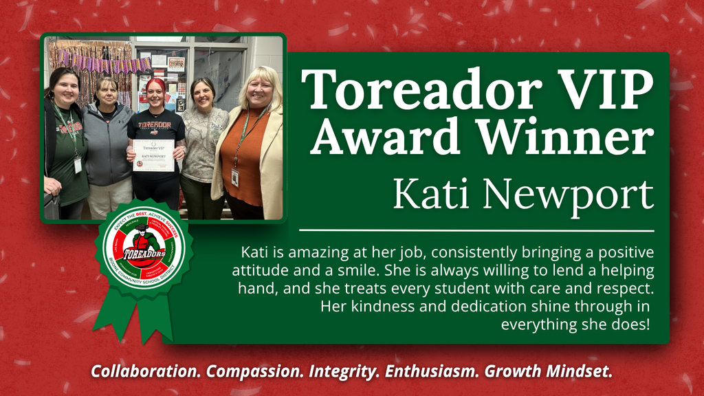 Kati Newport holding a Toreador VIP Award certificate surrounded by four smiling coworkers in a decorated room.