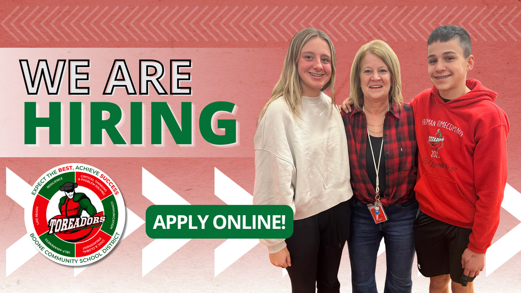 Three staff members standing together in front of a red background with 'We Are Hiring' and 'Apply Online!' text promoting job opportunities at Boone Community school district