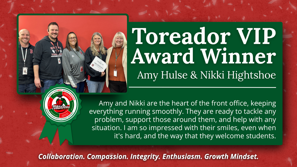 Five smiling individuals stand together, honoring Amy Hulse and Nikki Hightshoe as Toreador VIP Award winners.