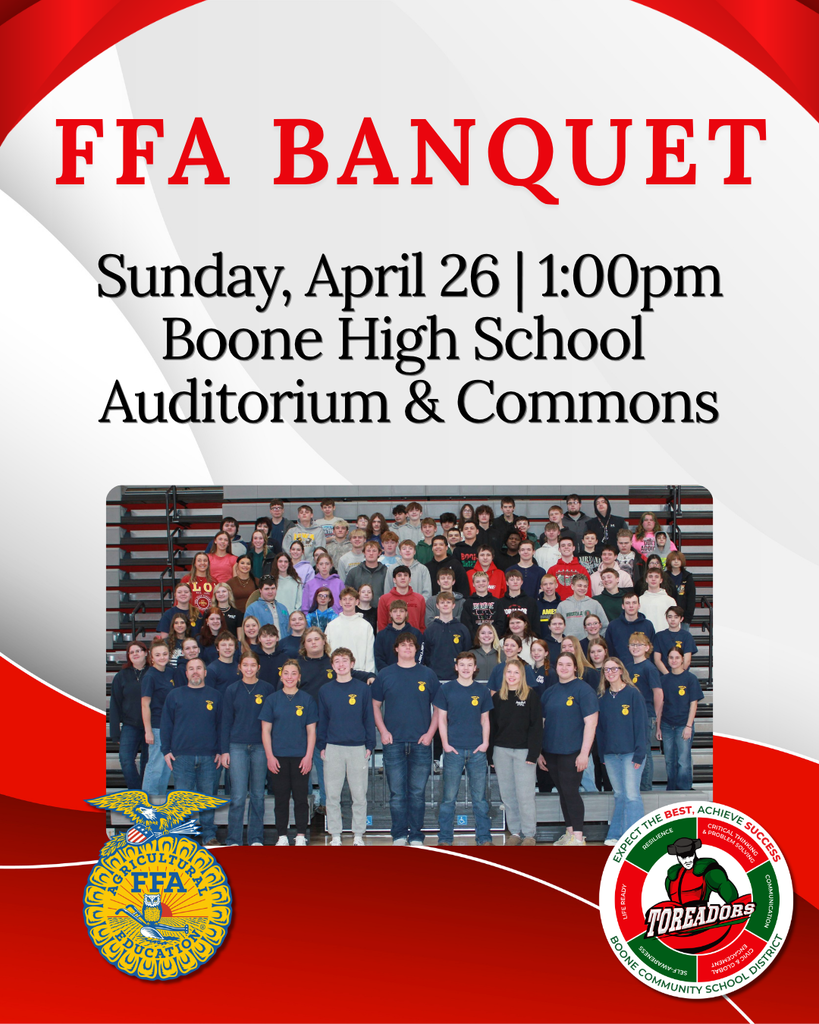 Boone High School FFA group posing together, promoting the April 26 banquet in the auditorium and commons.