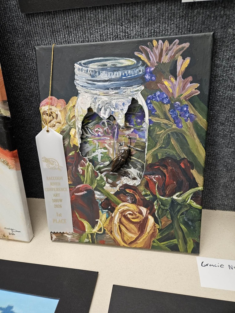 An art painting of a mason jar sitting in a bunch of flowers.