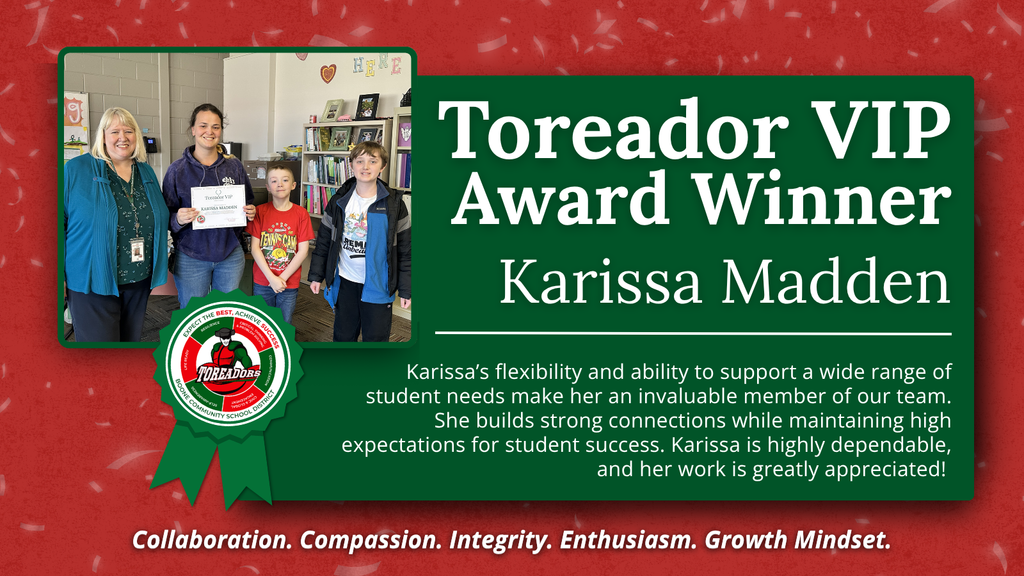 Four people stand smiling in a classroom, with a green banner announcing Karissa Madden as the Toreador VIP Award Winner and praising her dedication to student success.