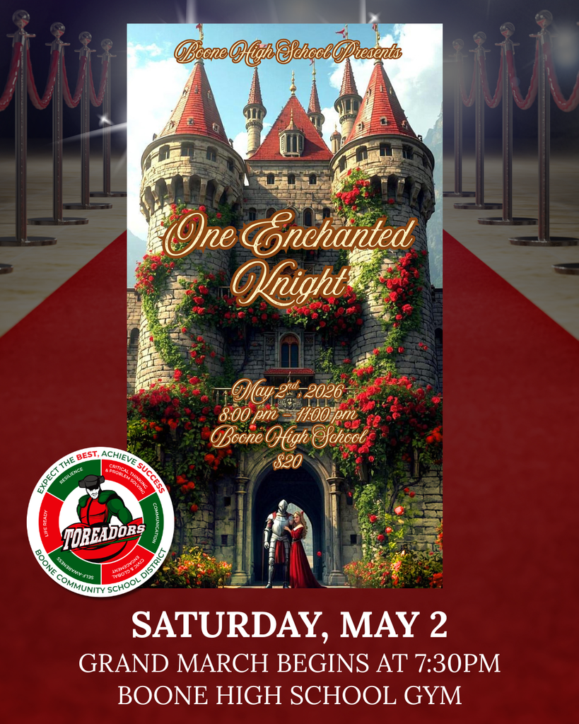 A medieval castle covered in red roses with a knight and princess embracing at the entrance, promoting Boone High School's prom event.