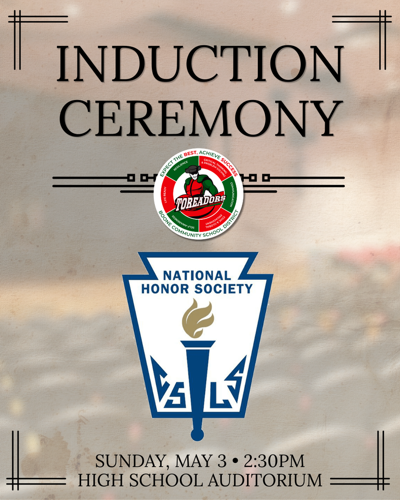 Announcement for the National Honor Society induction ceremony at Boone High School on Sunday, May 3 at 2:30 PM in the auditorium.