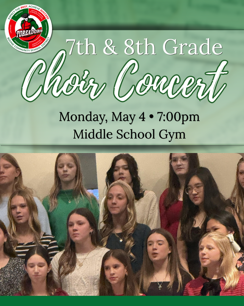 Group of middle school students posing for a choir concert announcement with event details and school logo above them.