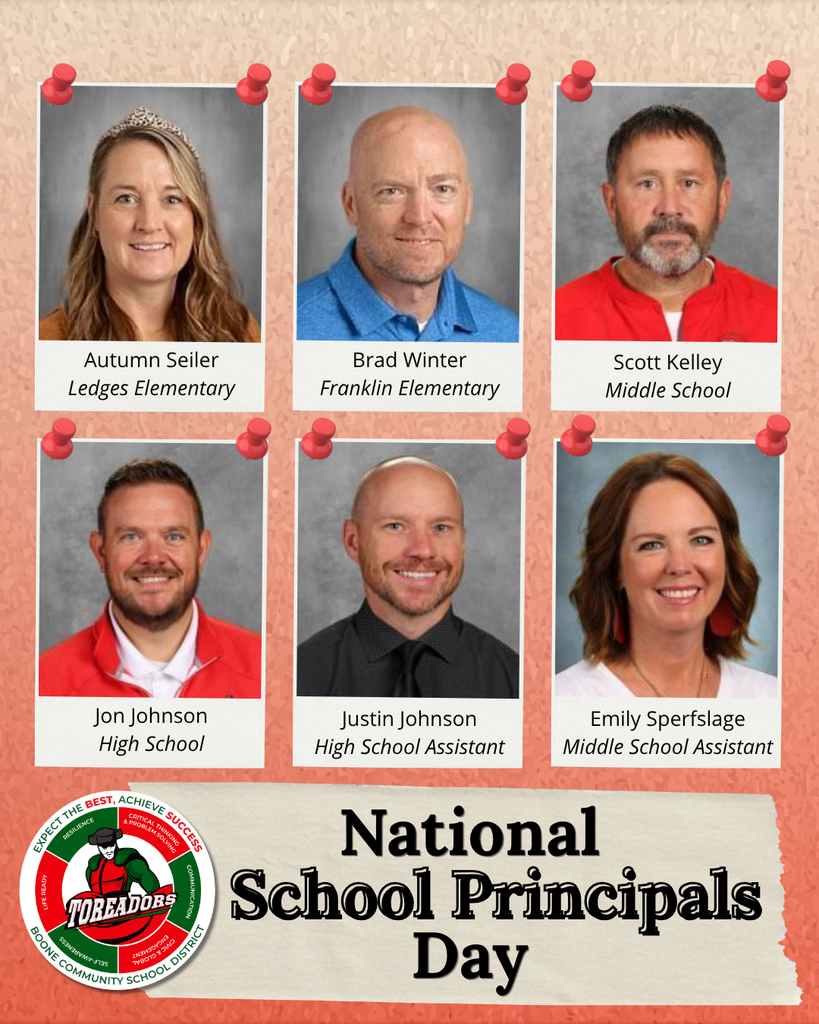 Collage of six school staff members with names and roles celebrating National School Principals Day at a school with the Boone logo.