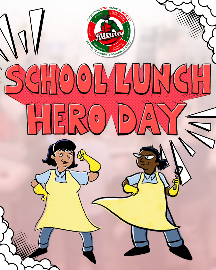 Two cartoon school lunch workers in yellow aprons celebrating School Lunch Hero Day with a colorful comic-style background.
